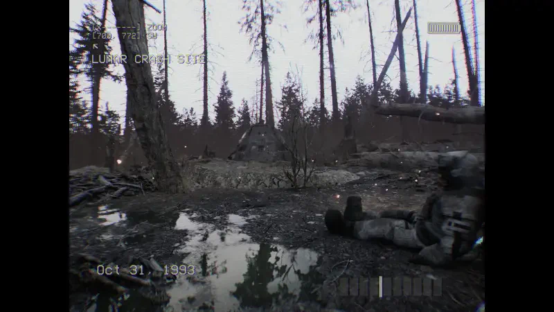 A still from the video game DON'T SCREAM, featuring a soldier lying on the ground in a desolate forest, surrounded by tall trees and a somber atmosphere.