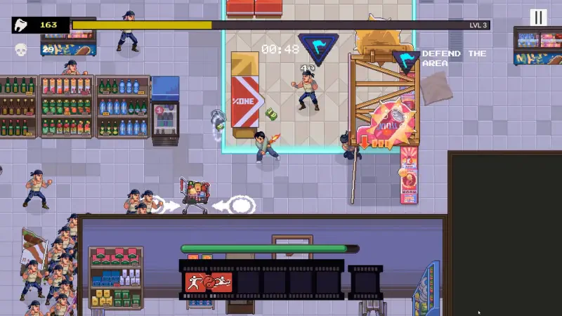 An overhead view of the video game Karate Survivor, showcasing action in a store setting with characters battling and defending against opponents.
