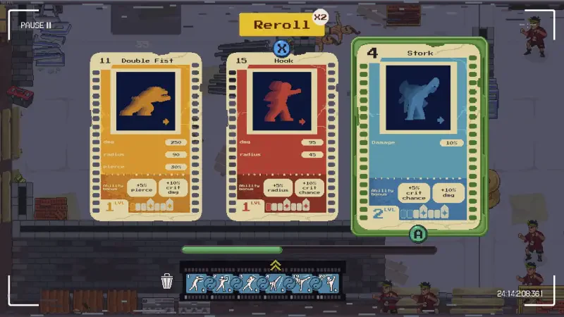 Screen displaying character selection in the video game Karate Survivor. Three character cards show stats and options for Double Fast, Shield, and Stark, with a reroll button highlighted.