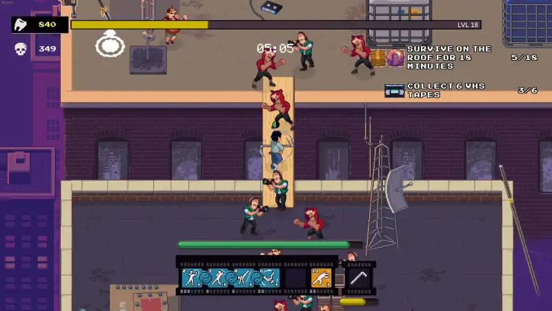 A vibrant scene from the video game Karate Survivor, featuring characters battling on a rooftop, showcasing action-packed gameplay and strategic movement against opponents.