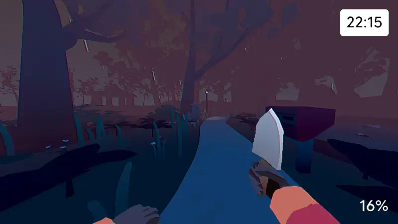 A player navigates a dark, atmospheric forest in the video game Grunn, holding a knife, with a timer and health indicator visible on the screen.