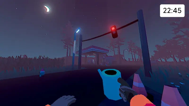 A character in the video game Grunn stands on a dimly lit road with a red traffic light, holding a coffee mug. The scene features a moonlit sky and distant trees.