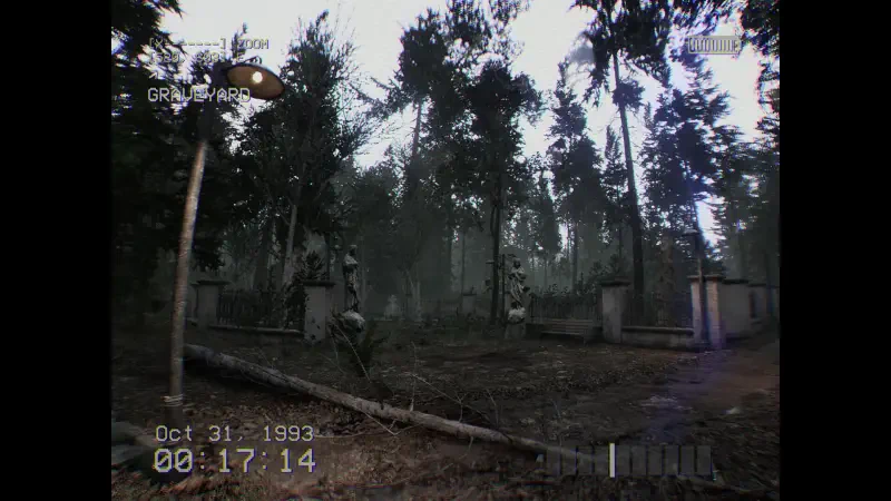 A foggy forest scene from the video game DON'T SCREAM, featuring eerie lighting and a desolate atmosphere, enhancing the suspenseful ambiance of the game.