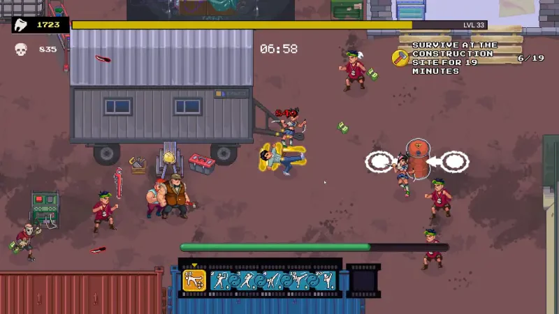 Action-packed scene from the video game Karate Survivor featuring characters battling in an urban environment with various weapons and a timer displayed on the screen.