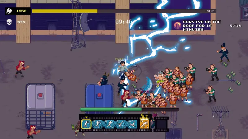 An action-packed scene from the video game Karate Survivor, featuring a character battling waves of enemies with lightning effects and various power-ups displayed on screen.
