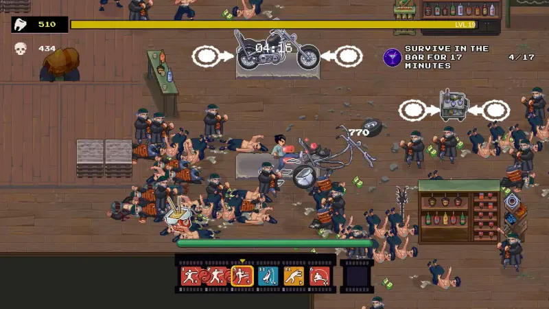 A chaotic scene from the video game Karate Survivor, showcasing a player navigating through a crowded setting, battling foes while riding a motorcycle.