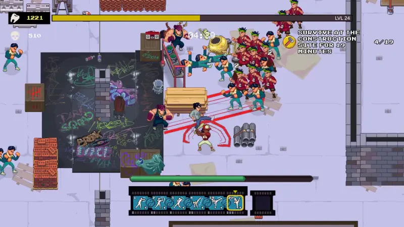 A vibrant scene from the video game Karate Survivor, featuring a character battling a large crowd of enemies in an urban environment, with action elements and various power-ups displayed.