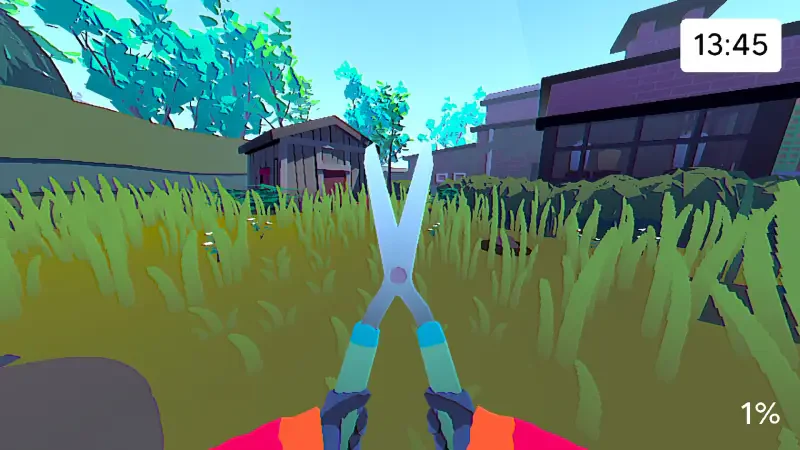 A vibrant scene from the video game Grunn, showing a pair of scissors held in the foreground, surrounded by colorful grass and distant buildings under a bright sky.