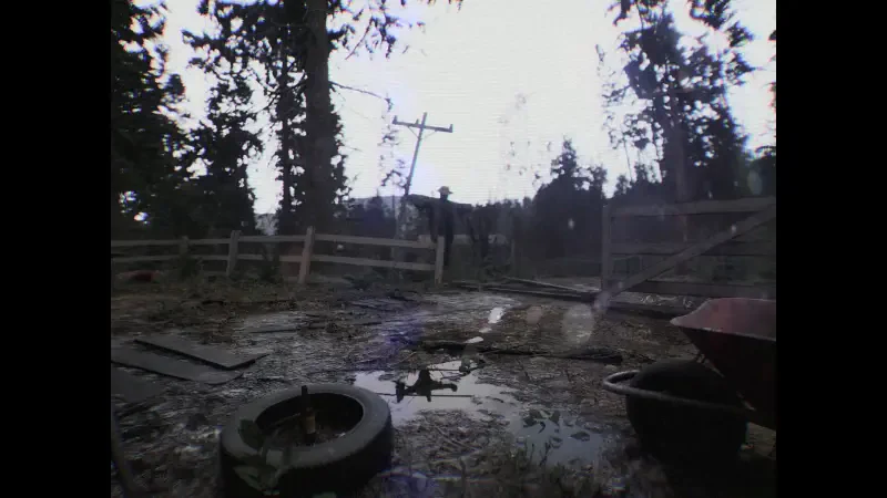 A foggy, eerie scene from the video game DON'T SCREAM, depicting a deserted landscape with trees, a wooden fence, and scattered debris, creating a suspenseful atmosphere.