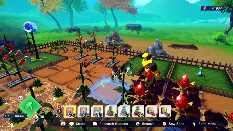 A vibrant scene from the video game Farmagia, featuring a character tending to colorful crops in a lush landscape, surrounded by trees and a wooden fence.