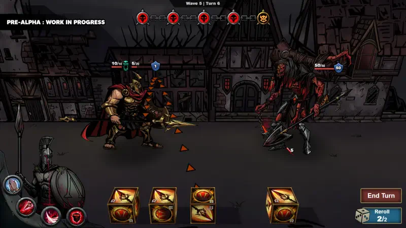A scene from the video game Last Spartan: Glory Over Madness featuring a character engaged in battle against a monstrous foe, with various strategic options displayed below.