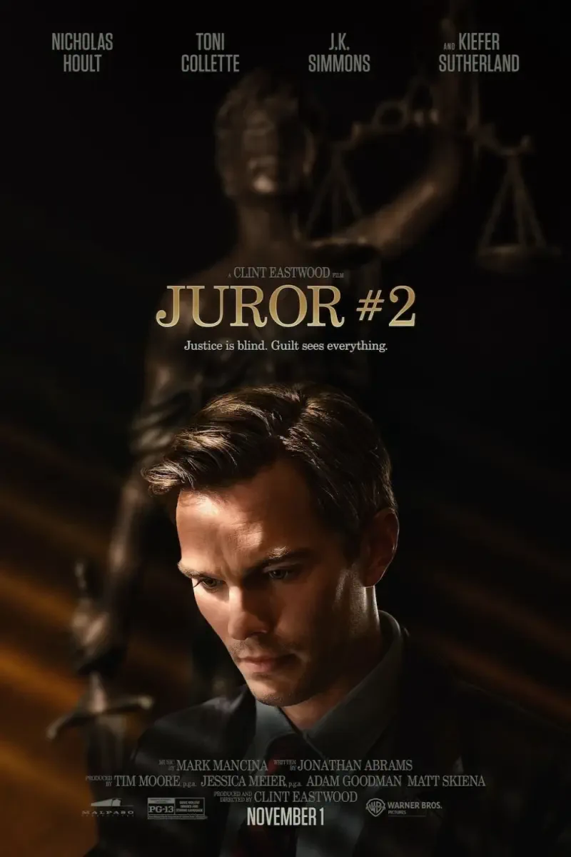 The image features the movie poster for Juror #2, starring Nicholas Hoult. The design highlights themes of justice and guilt, captured through dramatic visuals and a somber tone.