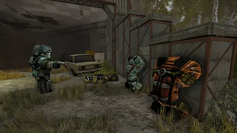 In a post-apocalyptic setting from the video game STALCRAFT: X, two armored characters engage near abandoned vehicles, surrounded by overgrown grass and decay.