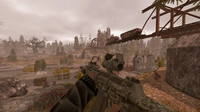 A player character holds a rifle, surveying a desolate landscape filled with abandoned structures and overgrown vegetation, set in the video game STALCRAFT: X.