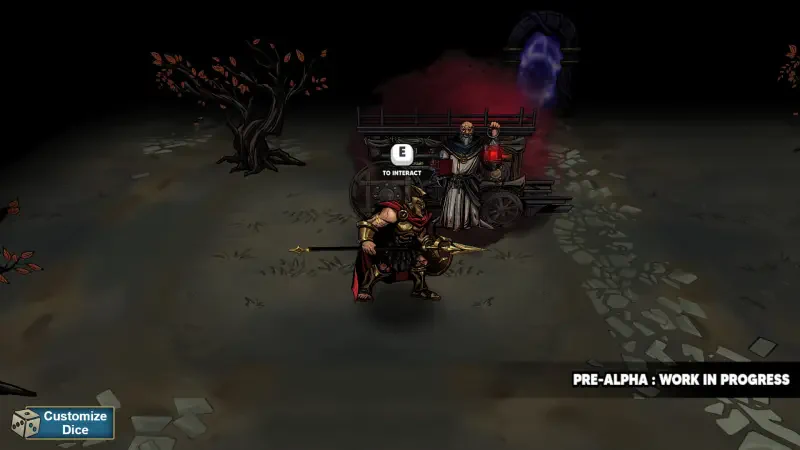 A scene from the video game Last Spartan: Glory Over Madness, showcasing a character engaged in combat in a dark, stylized environment marked as Pre-Alpha: Work in Progress.