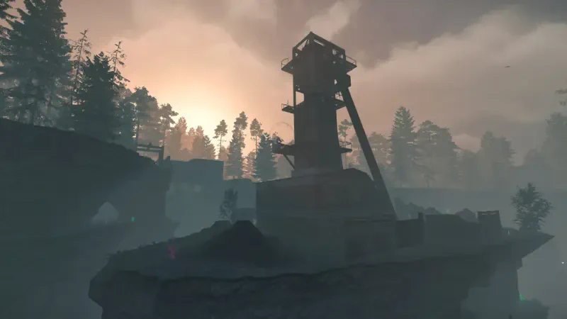 A silhouette of a tower stands amidst a misty landscape, with trees and a dramatic sunset in the background, creating an atmospheric scene from the video game STALCRAFT: X.