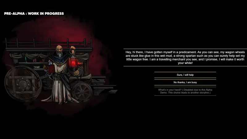 A character stands beside a mysterious cart in Last Spartan: Glory Over Madness, with a dark background and dialogue options displayed, indicating player interaction in this video game.