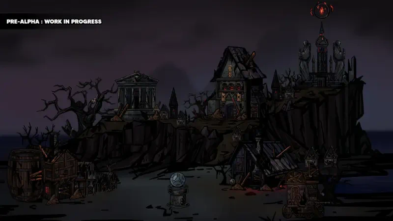 A dark, atmospheric landscape showcasing a desolate village and ominous ruins, representing a scene from the video game Last Spartan: Glory Over Madness, in its pre-alpha development stage.
