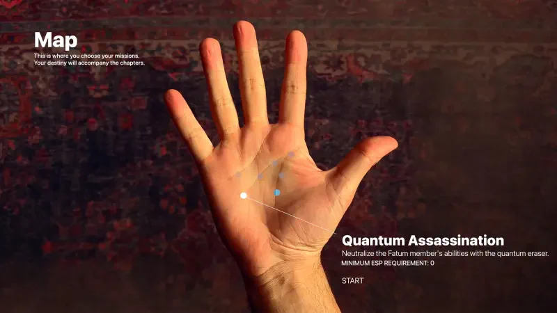 A hand is displayed prominently, featuring a map interface for the video game Nazar (2024), with options for gameplay and a title that reads Quantum Assassination.