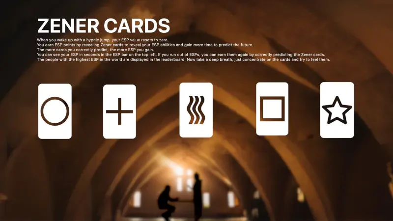 An ambient scene from the video game Nazar (2024) features Zener cards displayed with a dimly lit archway in the background, setting a mysterious atmosphere for the gameplay.