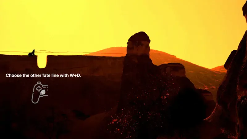A silhouette of a character stands against a vibrant orange sunset, with a prompt to choose a fate line in the video game Nazar (2024). The atmosphere is dramatic and immersive.