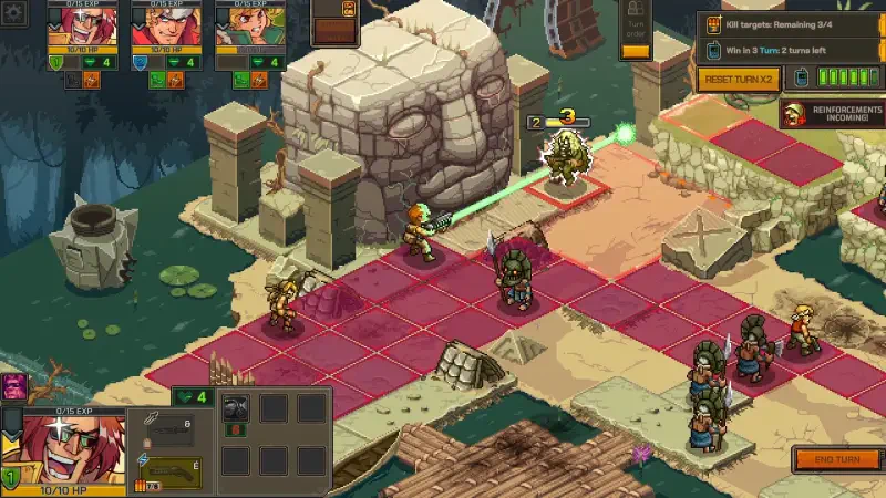 A tactical gameplay scene from Metal Slug Tactics, featuring characters strategizing on a detailed battlefield with movement options and enemy targets highlighted.