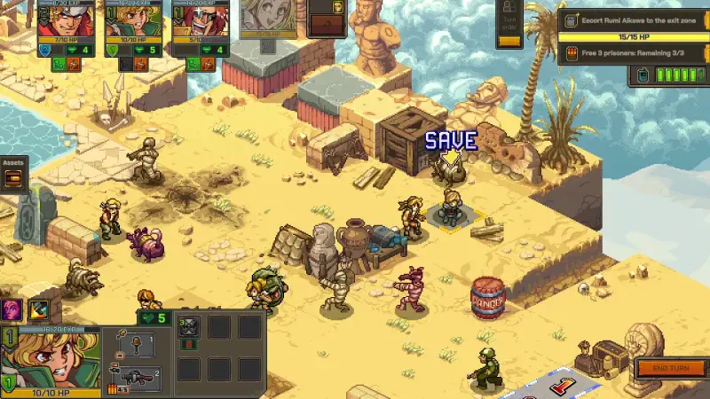 A tactical gameplay scene from Metal Slug Tactics, featuring characters on a desert battlefield with strategic elements and various structures in the background.