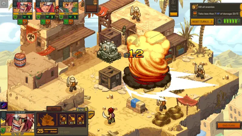 A gameplay scene from Metal Slug Tactics, featuring characters and a tactical explosion on a desert-themed battlefield with various strategic elements visible.