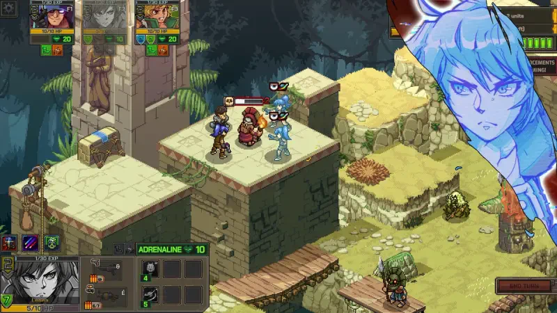 In a scene from Metal Slug Tactics, characters engage in battle on a layered, tactical map with various strategic elements and intense visual effects.