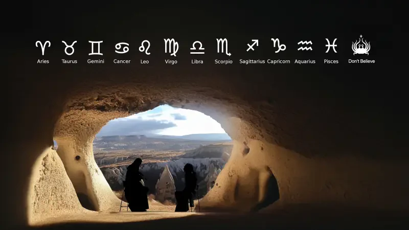 A stunning cave view in the game Nazar (2024), featuring silhouetted figures against a vast landscape, with astrological symbols displayed above the entrance.