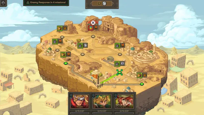 A strategic map in Metal Slug Tactics, featuring various locations marked for movement. Characters are displayed at the bottom, ready for tactical gameplay.