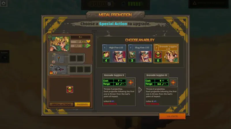 Screenshot from Metal Slug Tactics showing a Metal Promotion menu where players can choose a special action to upgrade their characters and view their capabilities.