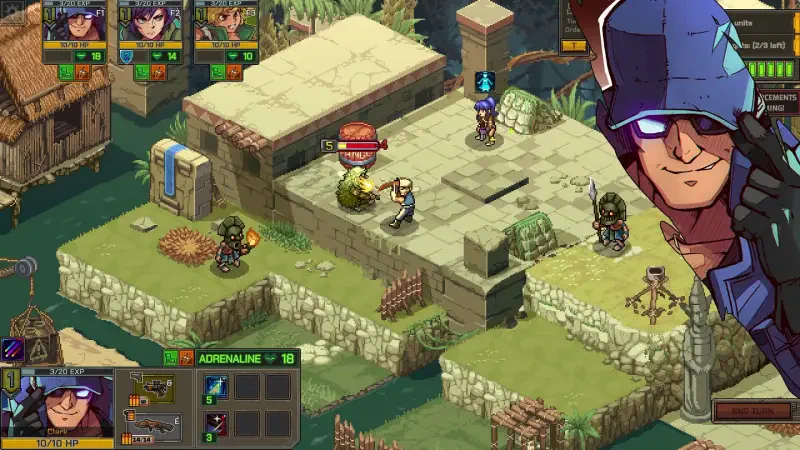 A tactical battle scene from the video game Metal Slug Tactics, featuring characters positioned strategically on a battlefield with various terrains and obstacles.