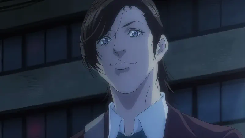 A character from the anime Trillion Game stands confidently under streetlights, showcasing a determined expression and stylish attire.