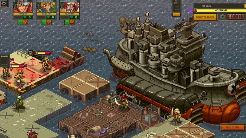 Gameplay scene from Metal Slug Tactics, featuring characters on a dock with a large steampunk-style ship in the background, surrounded by water and crates.