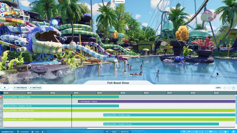 A vibrant scene from Planet Coaster 2, featuring colorful water slides, lush palm trees, and guests enjoying a fish show by the clear water.