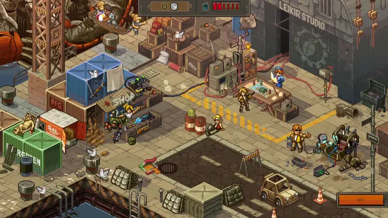 A gameplay scene from Metal Slug Tactics, featuring a detailed urban environment with characters strategizing amidst crates, machinery, and vehicles.