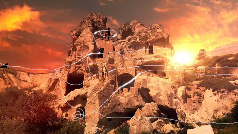 A stunning landscape from the video game Nazar (2024), featuring dramatic rock formations illuminated by a vibrant sunset and intricate patterns overlaying the scene.