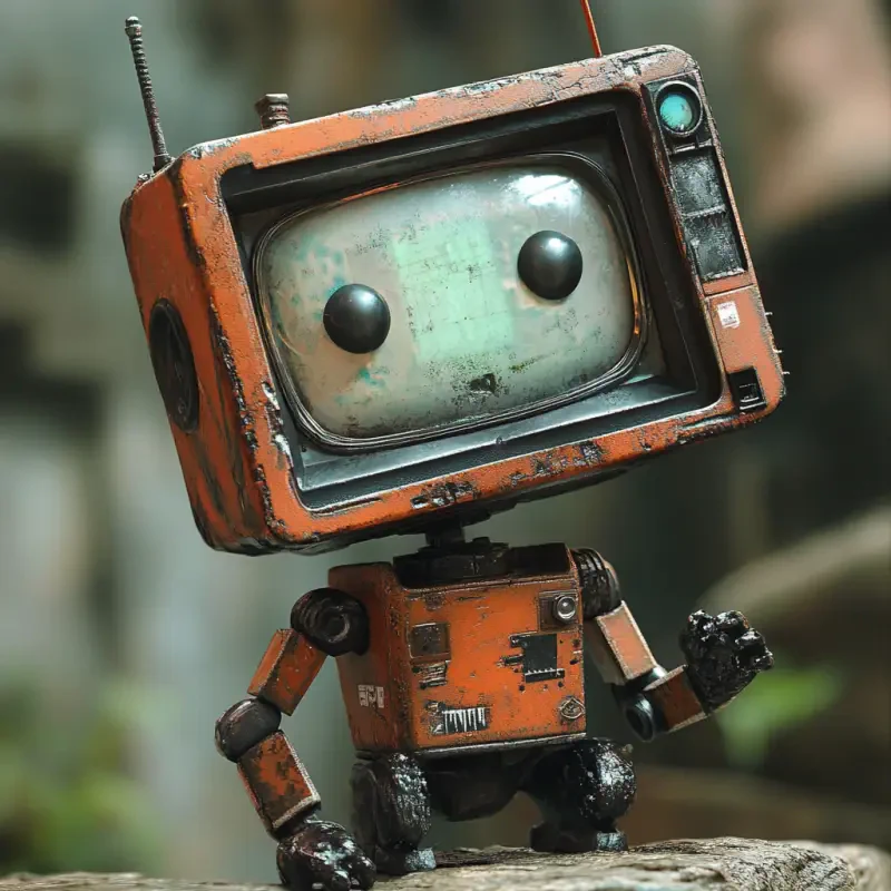 A whimsical robot with a vintage TV for a head, featuring an orange and rusty body, stands with a playful pose in a lush, overgrown environment.