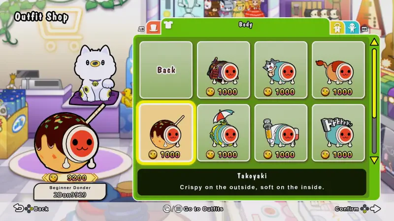 An outfit shop screen from Taiko no Tatsujin: Rhythm Festival, featuring various costume options for characters, including a Takoyaki design and playful illustrations.