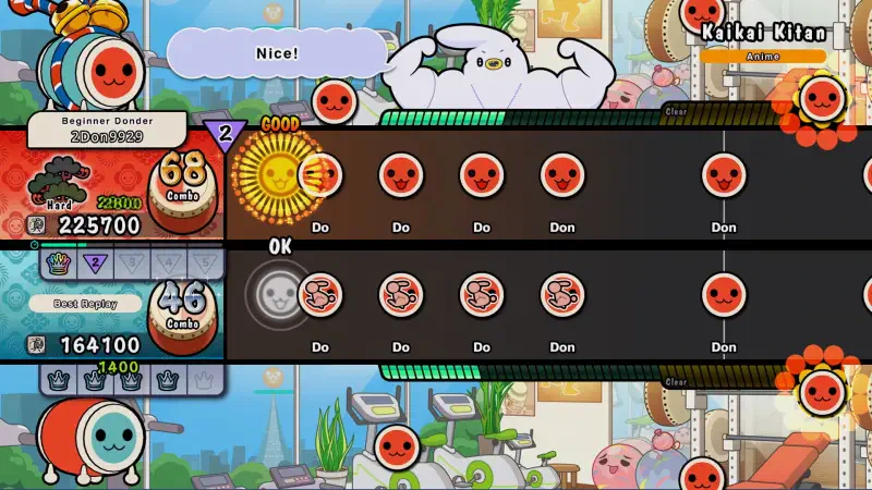 Gameplay screen from Taiko no Tatsujin: Rhythm Festival, featuring vibrant drum characters and a score display, celebrating successful combos with colorful visuals and cheerful graphics.