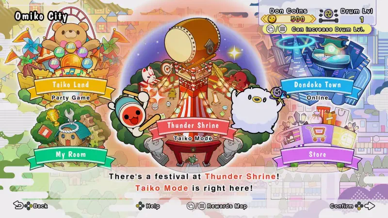 Colorful menu screen from Taiko no Tatsujin: Rhythm Festival, featuring various game modes and a festive Thunder Shrine with a large drum and playful characters.