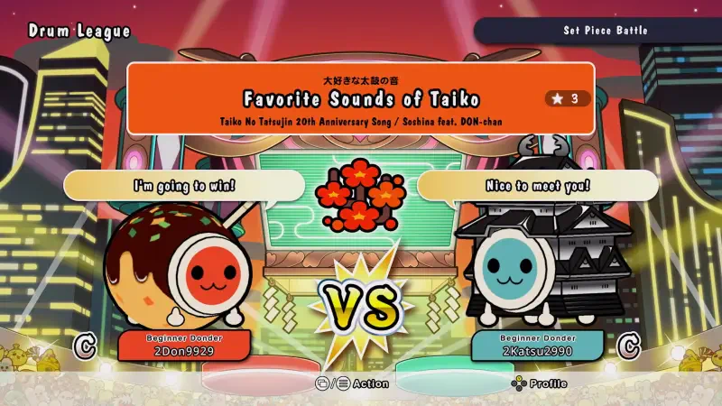Two colorful drum characters compete in a matchup titled Favorite Sounds of Taiko in Taiko no Tatsujin: Rhythm Festival, set against a vibrant background.