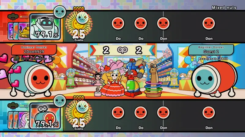 Colorful gameplay scene from Taiko no Tatsujin: Rhythm Festival, featuring characters, vibrant backgrounds, and rhythm indicators as players compete in a fun musical challenge.