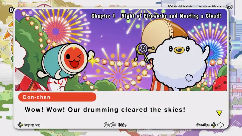 A colorful scene from *Taiko no Tatsujin: Rhythm Festival*, featuring Don-chan and a fluffy cloud celebrating their drumming amidst a backdrop of fireworks.