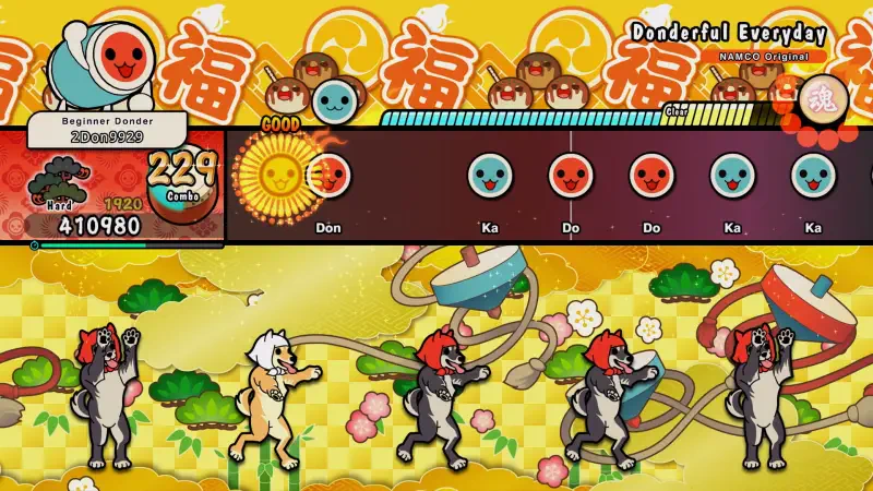 Gameplay scene from Taiko no Tatsujin: Rhythm Festival, featuring characters dancing to Wonderful Everyday with vibrant backgrounds and rhythm notes displayed at the top.