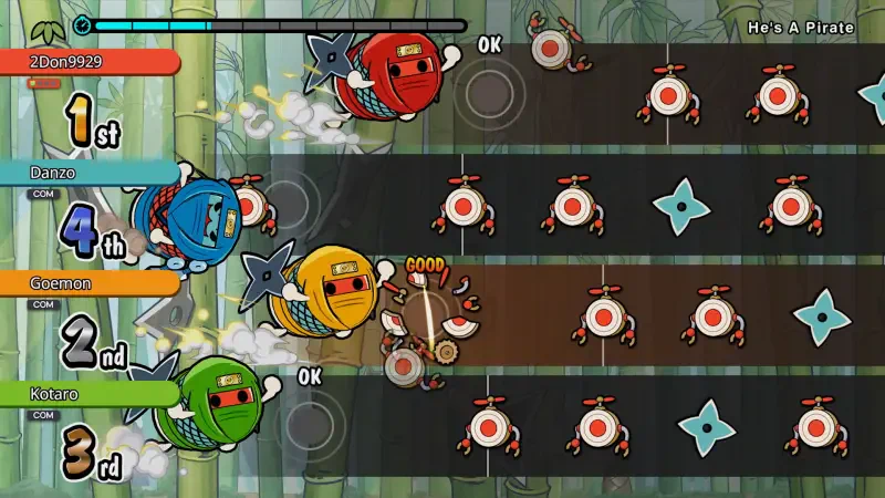 A gameplay screenshot from Taiko no Tatsujin: Rhythm Festival, showing colorful characters competing in a rhythmic challenge with musical notes and targets.