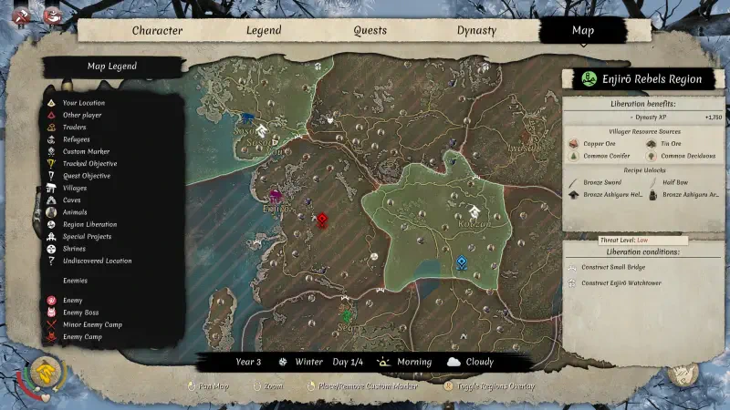 A detailed map from the video game Sengoku Dynasty, showing various regions and quest markers alongside options for character legend and gameplay settings.