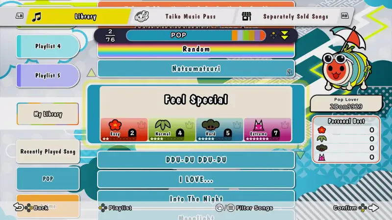 Screenshot from Taiko no Tatsujin: Rhythm Festival showing the library menu, featuring song playlists, recently played songs, and colorful character icons.