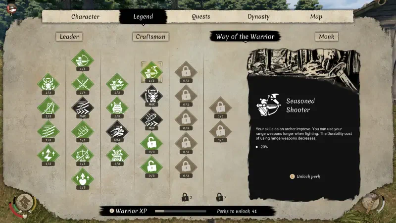 Screen showing character development options in the video game Sengoku Dynasty, focusing on the Way of the Warrior and various skill enhancements.